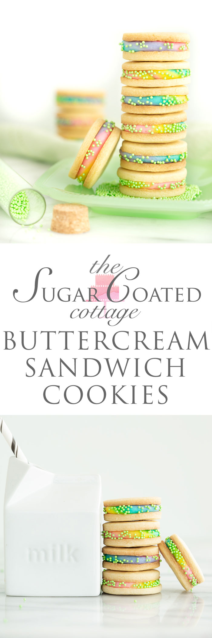 Buttercream Sandwich Cookie Recipe. Crispy sugar cookies sandwiching sweet buttercream. | thesugarcoatedcottage.com #cookies #buttercream #sandwich #rainbow