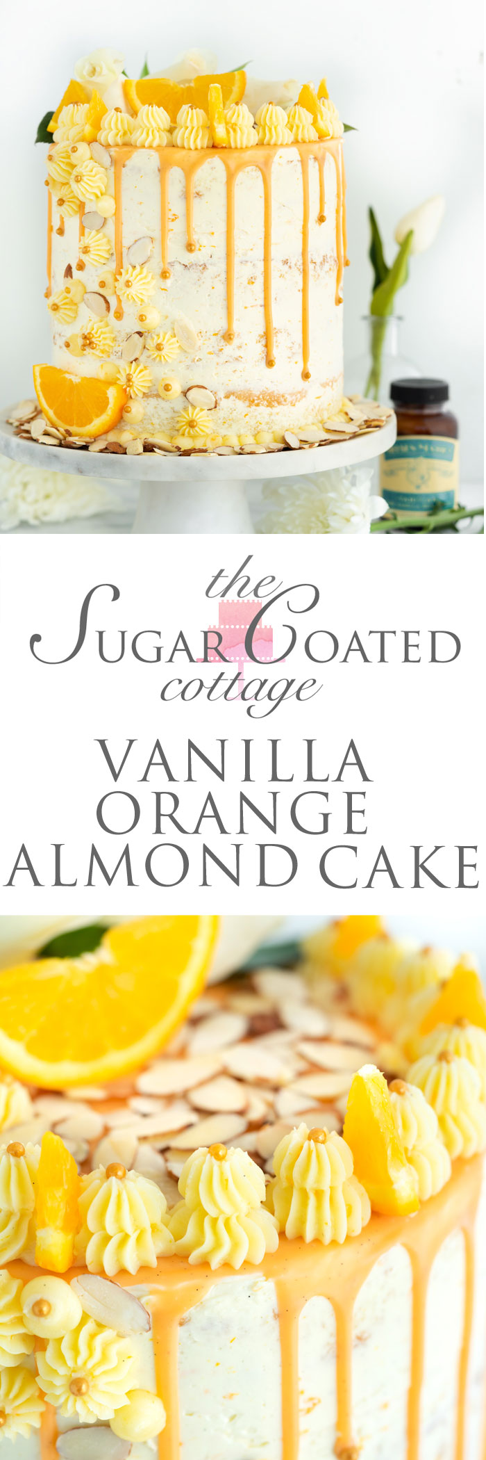 Vanilla Orange Almond Cake Recipe. Vanilla orange and almond soaked cake with layers of vanilla orange almond buttercream. | thesugarcoatedcottage.com #cake @NielsenMassey