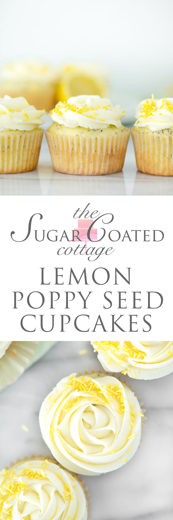 Lemon Poppy Seed Cupcakes. Bright lemony cupcakes speckled with poppy seeds, swirled with lemon buttercream. | thesugarcoatedcottage #cupcake #cake #lemon