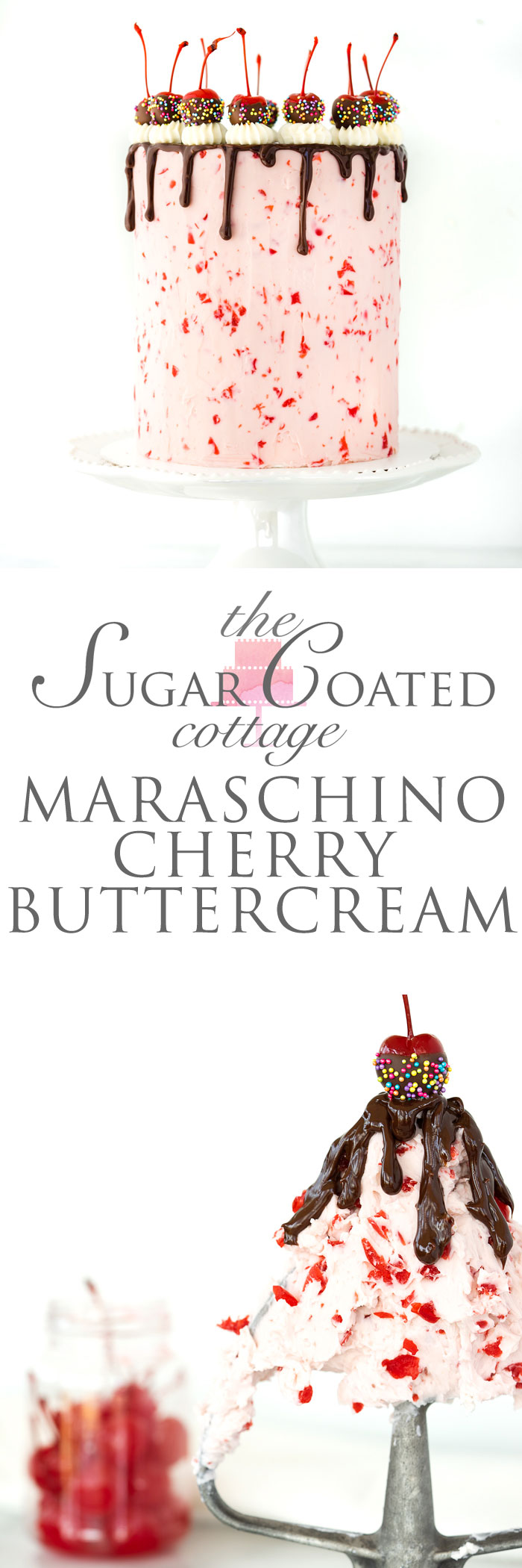 Maraschino Cherry Buttercream Recipe. One amazing buttercream studded with maraschino cherries. | www.thesugarcoatedcottage.com #buttercream #frosting