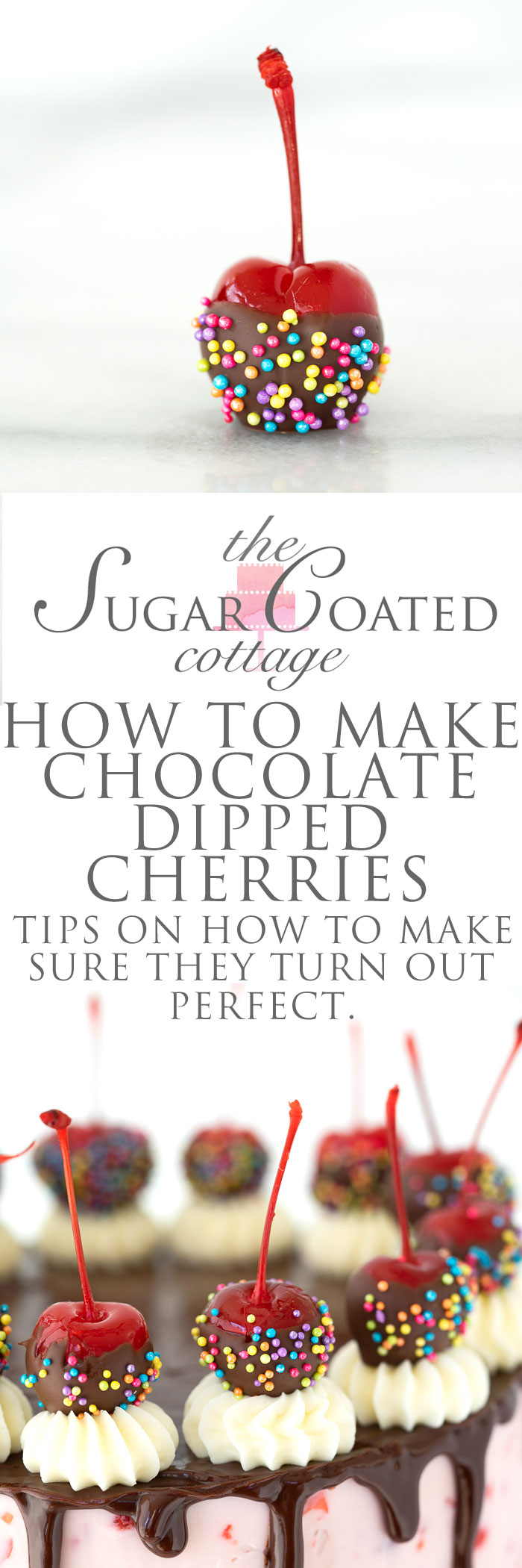 How to make Chocolate Dipped Cherries - the cutest treat or decoration. Tips to make sure they are perfect. #cherries #chocolatecherry #cakedecorating