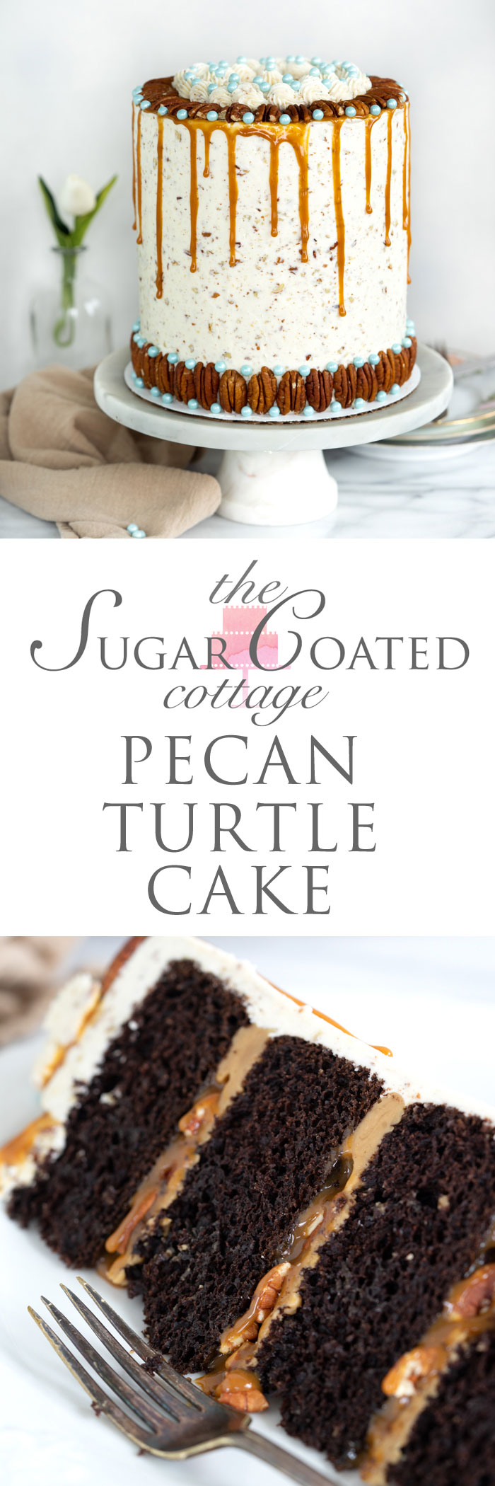 Pecan Turtle Cake - Chocolate, pecans and caramel make this cake awesome. cake, recipe, pecan turtles, candy, layer cakes, cake decorating