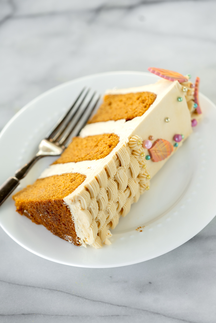 Pumpkin Spice Cake, Salted Brown Sugar Buttercream. Moist pumpkin spice cake coated and filled with salted brown sugar buttercream. #cake #thanksgiving #cakedecorating #dessert