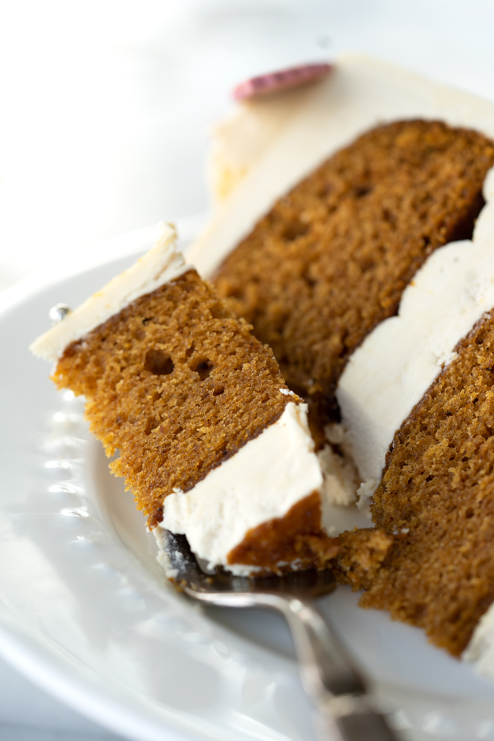 Pumpkin Spice Cake, Salted Brown Sugar Buttercream. Moist pumpkin spice cake coated and filled with salted brown sugar buttercream. #cake #thanksgiving #cakedecorating #dessert