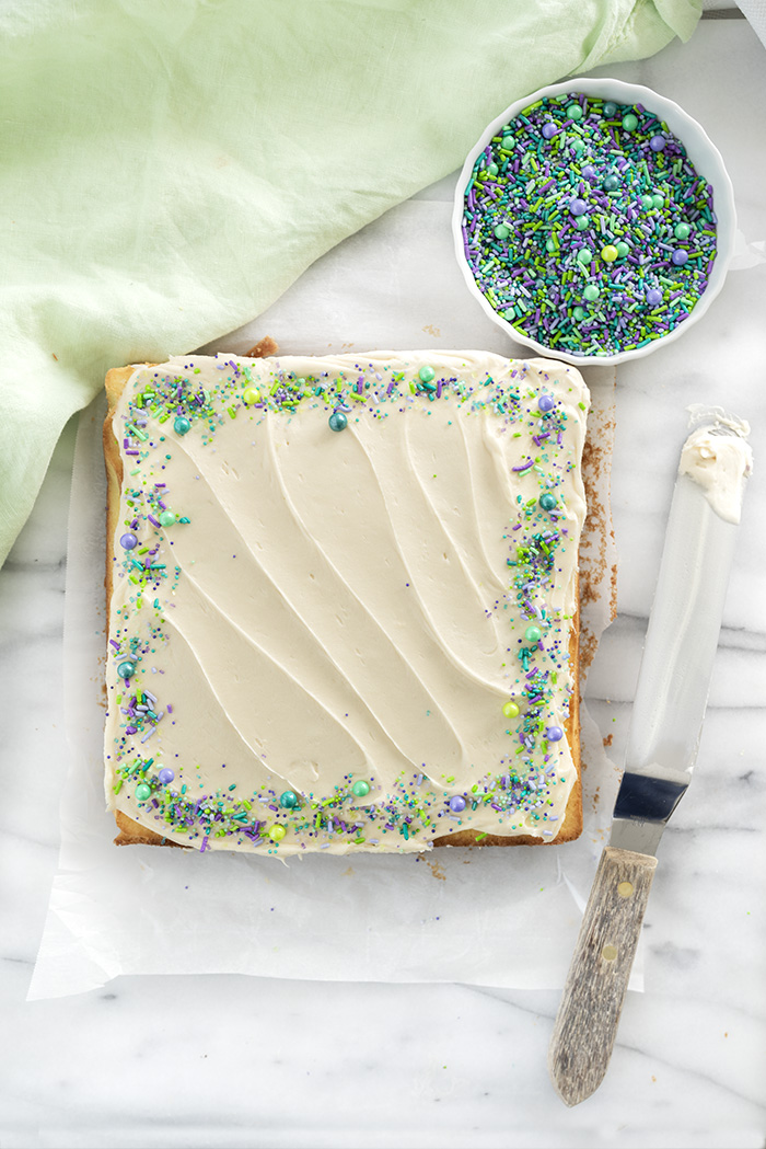 8x8 Classic Vanilla Sheet Cake Recipe. The best classic vanilla cake for your small gathering. | thesugarcoatedcottage.com #sheetcake #cake #buttercream