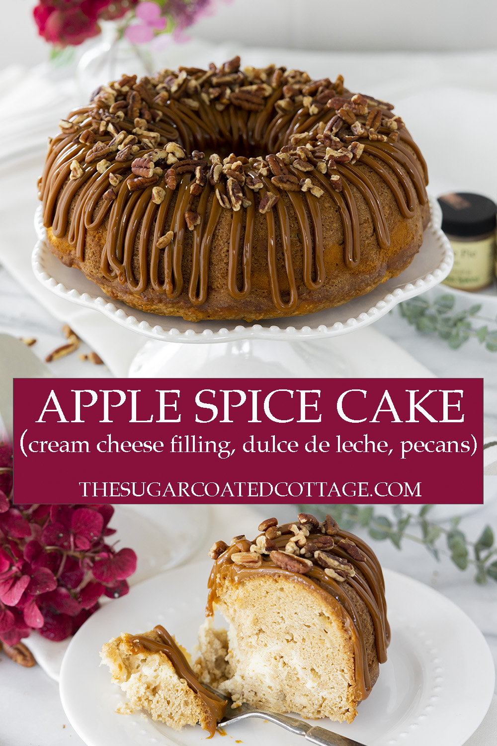 The Best Apple Spice Bundt Cake with Cream Cheese Filling and Dulce De Leche Glaze. | thesugarcoatedcottage.com #bundtcake #applecake #creamcheesefilling