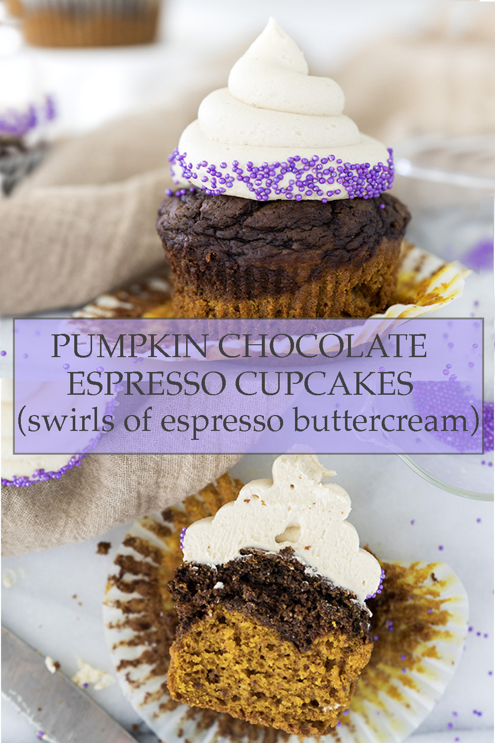 Pumpkin Chocolate Espresso Cupcakes. Part Starbucks PSL cake and part chocolate espresso cake and a swirl of espresso buttercream! | thesugarcoatedcottage.com #cupcake #psl #starbuckspsl #pumpkin #pumpkincupcake #chocolatecupcake #espressobuttercream #coffeebuttercream