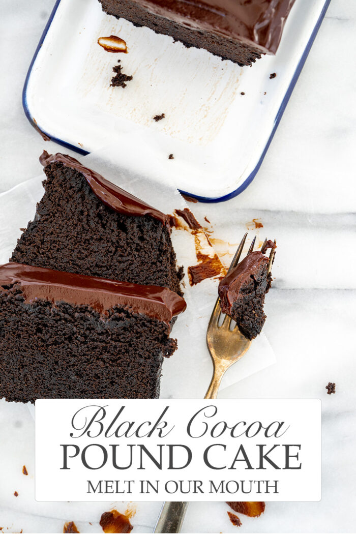 Black cocoa pound cake slices and bite on fork shot